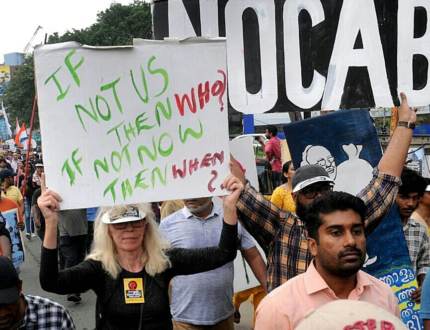 Norwegian national Janne-Mette Johansson at the long march against CAA in Kochi on December 23. (DH Photo)