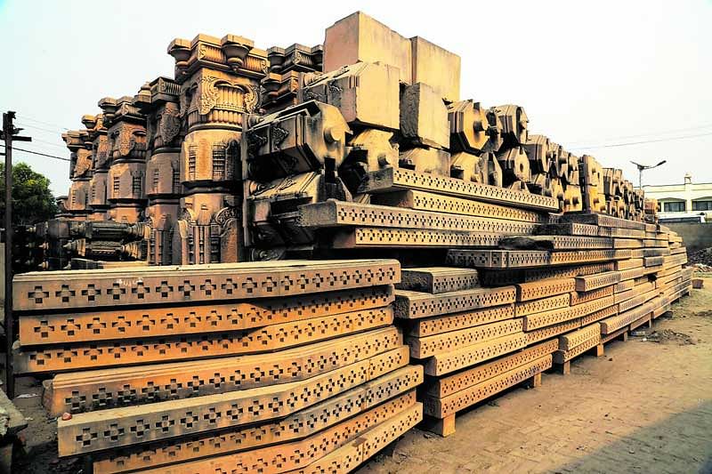 Carved stones are seen at the Ram Janmabhomi Nyas-run workshop at Karsevakpuram in Ayodhya. (PTI File Photo)