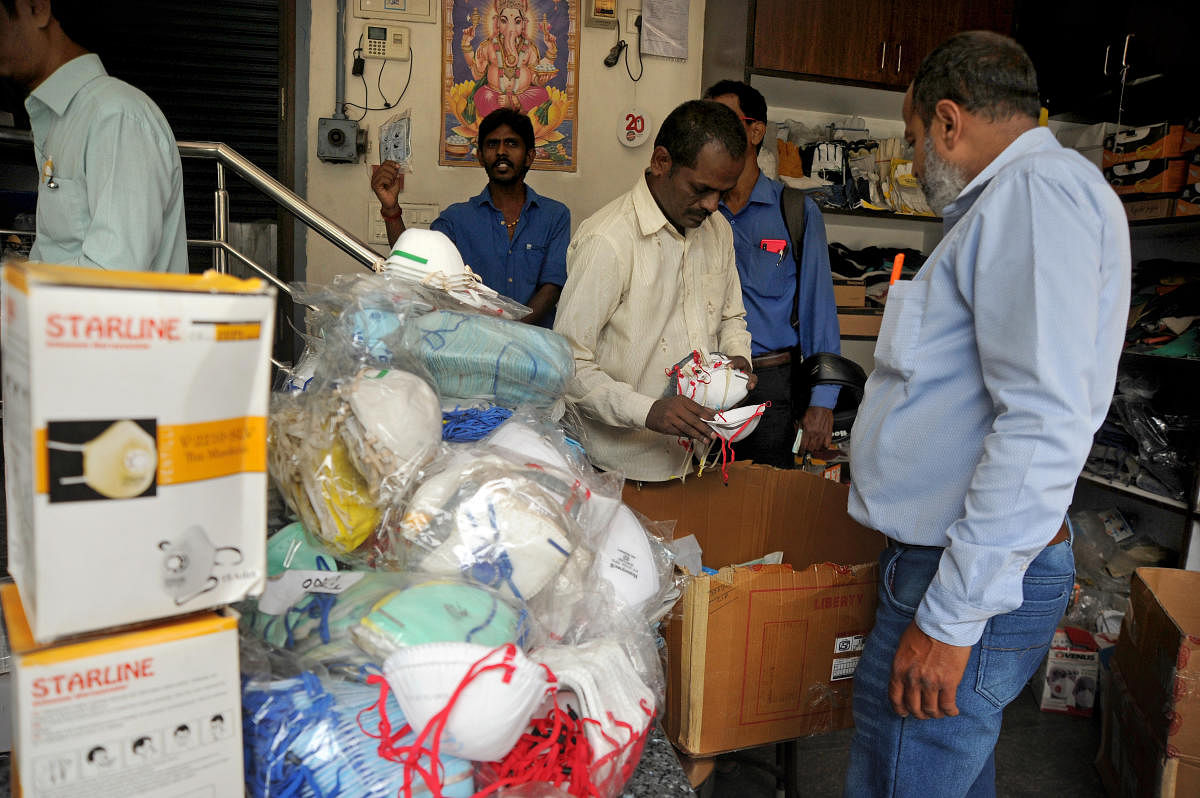 Industrial masks sees a spike in demand following the outbreak of COVID-19 in Bengaluru on Thursday. (DH Photo)