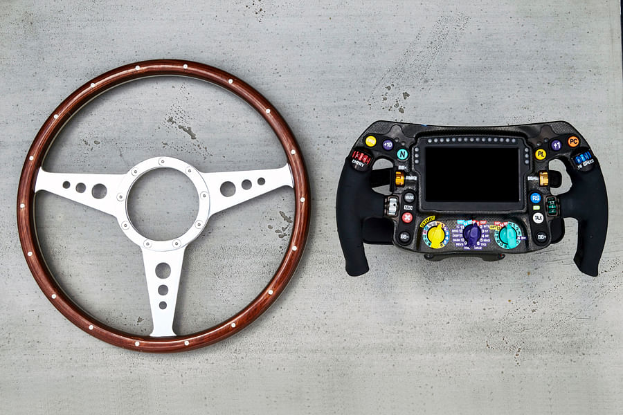 An old Mercedes F1 steering wheel and a modern one. Picture credit: Mercedes AMG F1