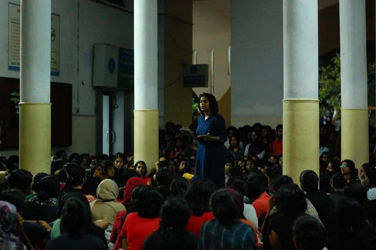 Hundreds of girl students of the girls' hostel of the College of Engineering, Thiruvananthapuram (CET), spent the whole of Wednesday night in the college campus shouting slogans. DH Photo. 