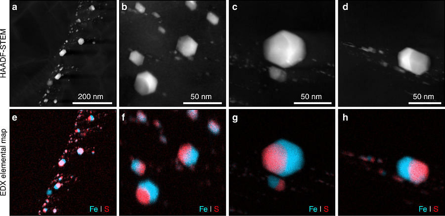 Electron micrograph and compositional maps of diamond inclusions in ureilite. HAADF-STEM images (a, b, c, and d) and associated Fe and S elemental maps (e, f, g, and h) of inclusions in diamond. All chemical (EDX) maps show Fe (light blue) and S (red) distribution. Kamacite and troilite phases appear as light blue and reddish-pink respectively. Credit: Nature