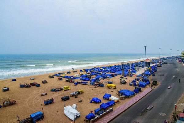 A deserted view of a beach during a nationwide lockdown, imposed in the wake of coronavirus pandemic, in Puri, Saturday, April 4, 2020. (PTI Photo)