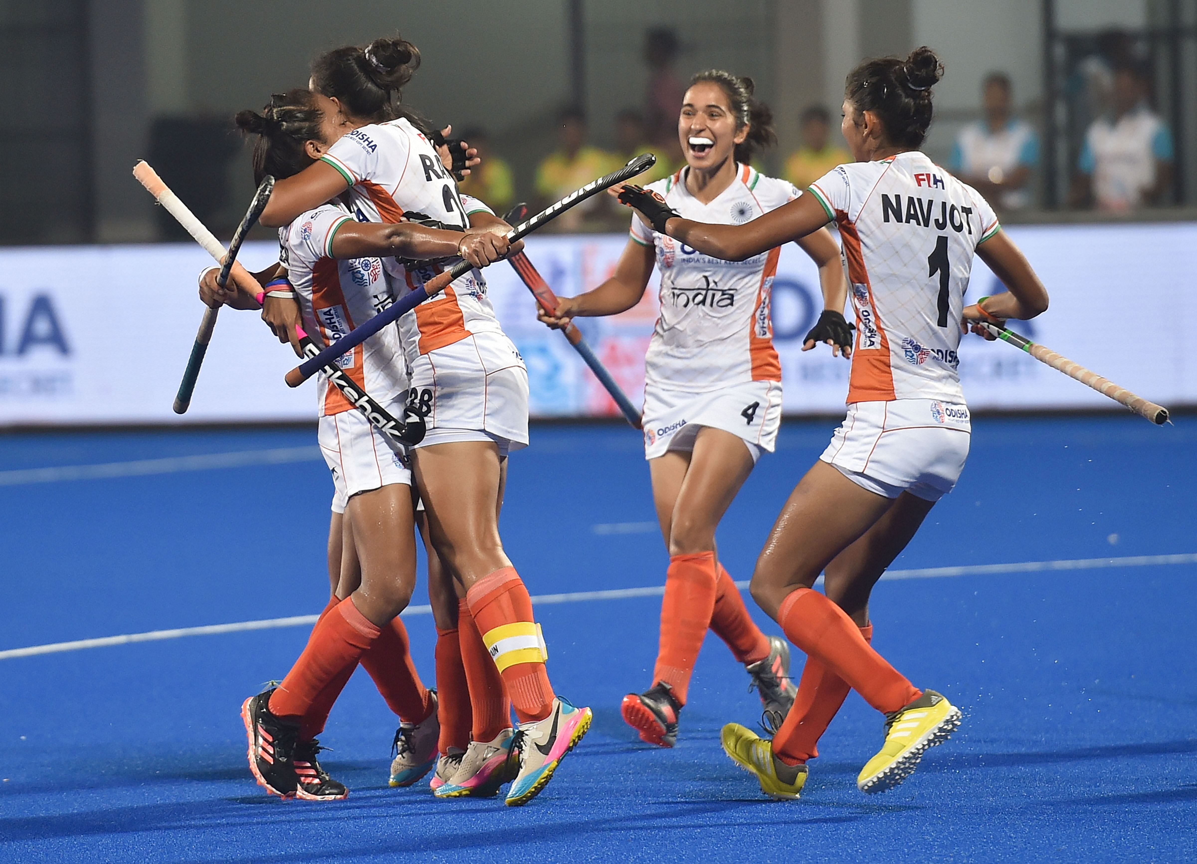 Indian Captain Rani Rampal celebrates with her teammates after scoring a goal against USA during FIH Hockey Olympic Qualifiers 2019 (Women), at Kalinga Stadium in Bhubaneswar, Odisha. (PTI Photo)