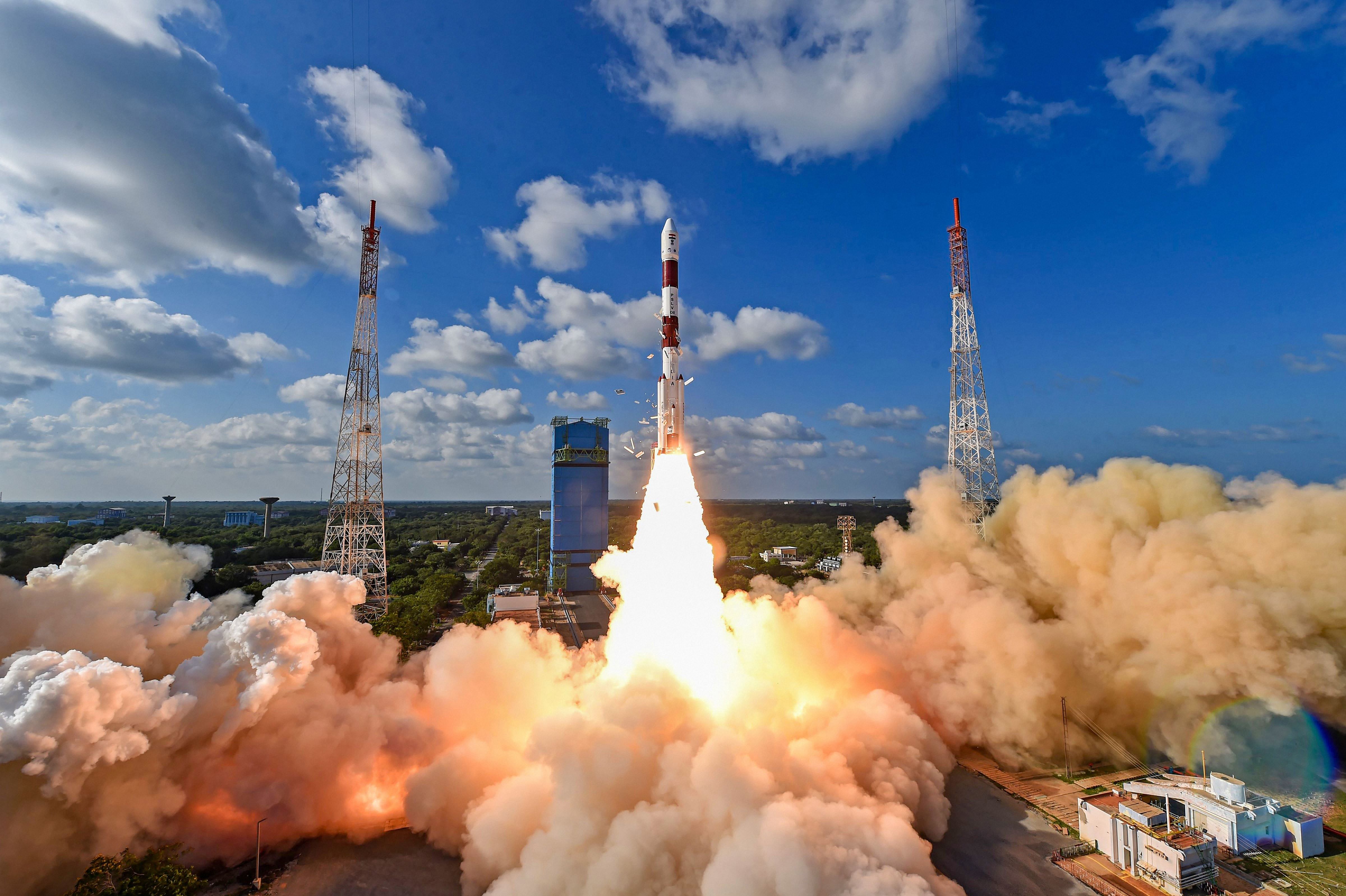 he Indian Space Research Organisation's workhorse rocket PSLV-C48 carrying India's radar imaging earth observation satellite RISAT-2BR1 and nine foreign satellites blasts off from the spaceport in Sriharikota. (PTI Photo)