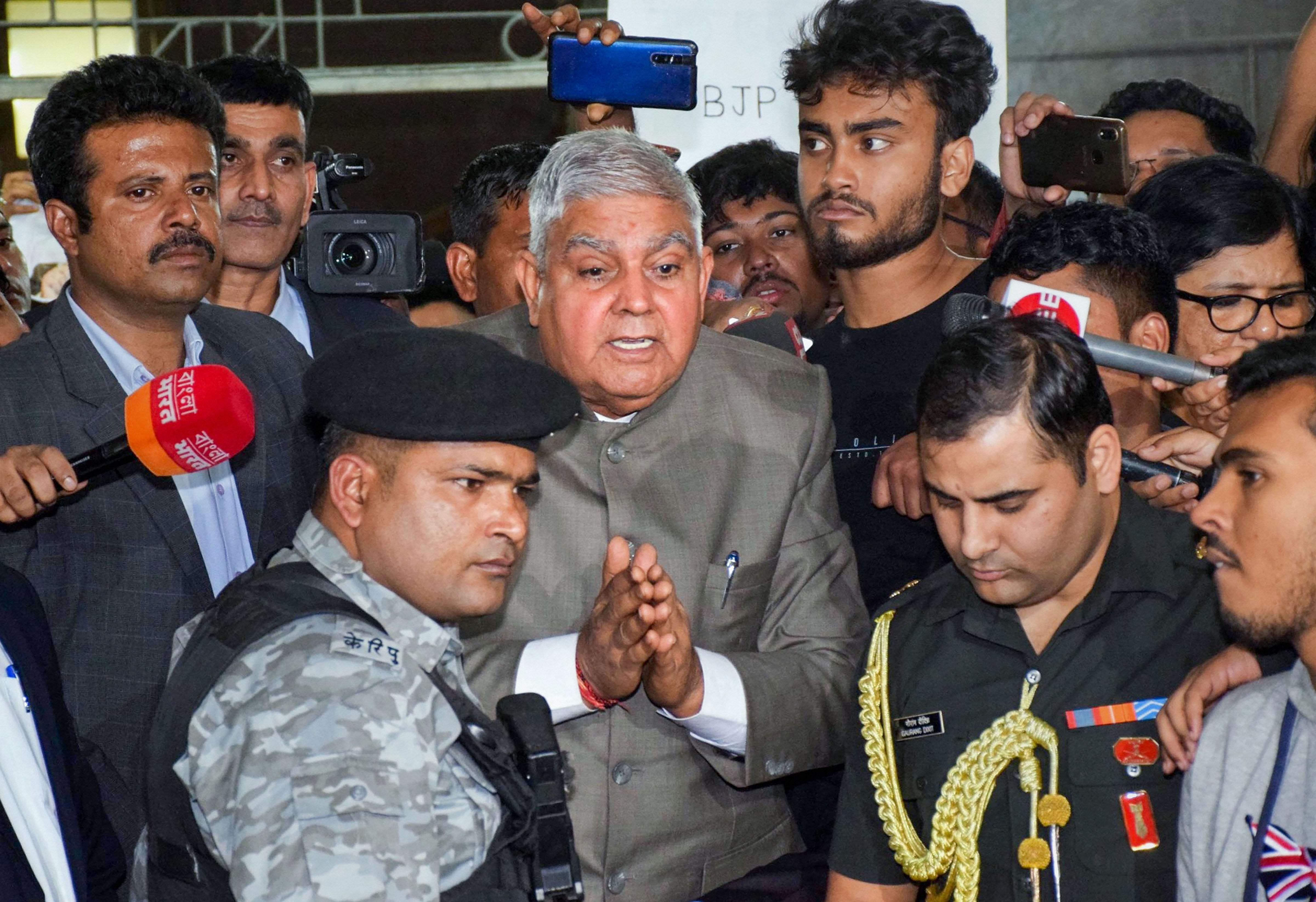  West Bengal Governor Jagdeep Dhankhar interacts at Jadavpur University as he arrives to attend a function. (PTI Photo)