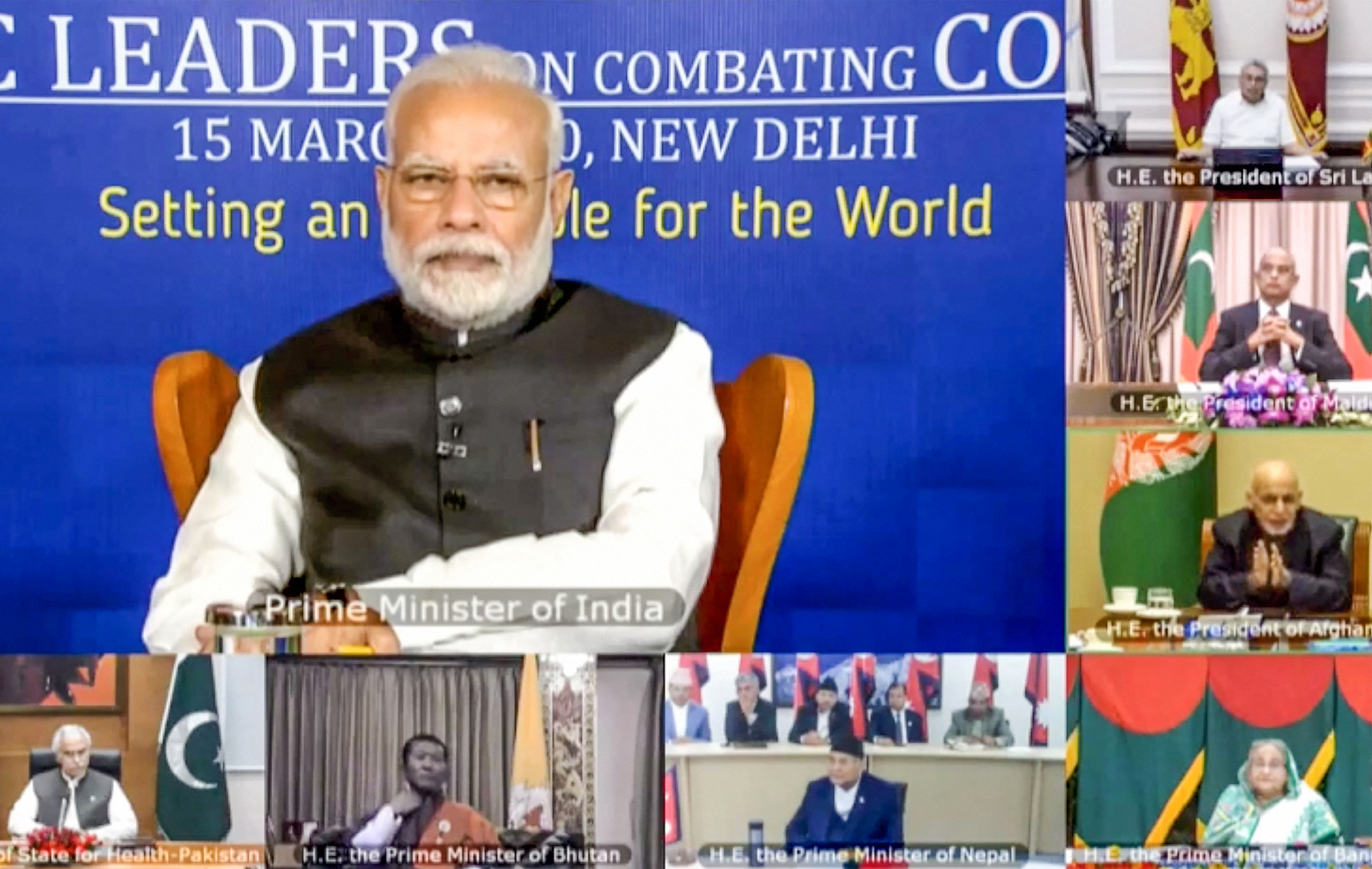 Prime Minister Narendra Modi during a video conference with South Asian Association for Regional Cooperation (SAARC) leaders on chalking out a plan to combat the COVID-19. (Credit: PTI)