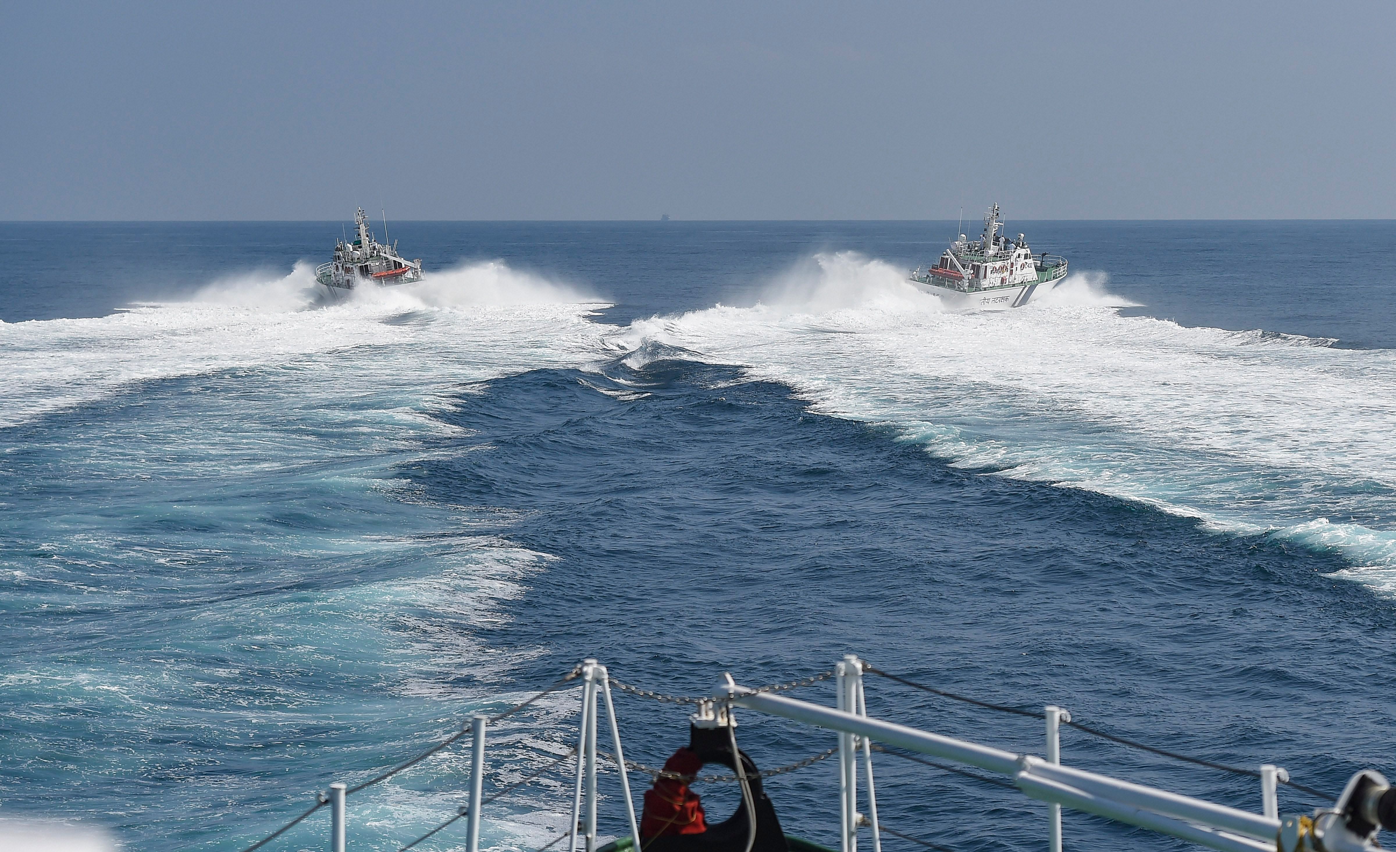 A scene from the joint exercise 'Sahyog-Kaijin' about 50 nautical miles of Chennai Coast. (PTI Photo)