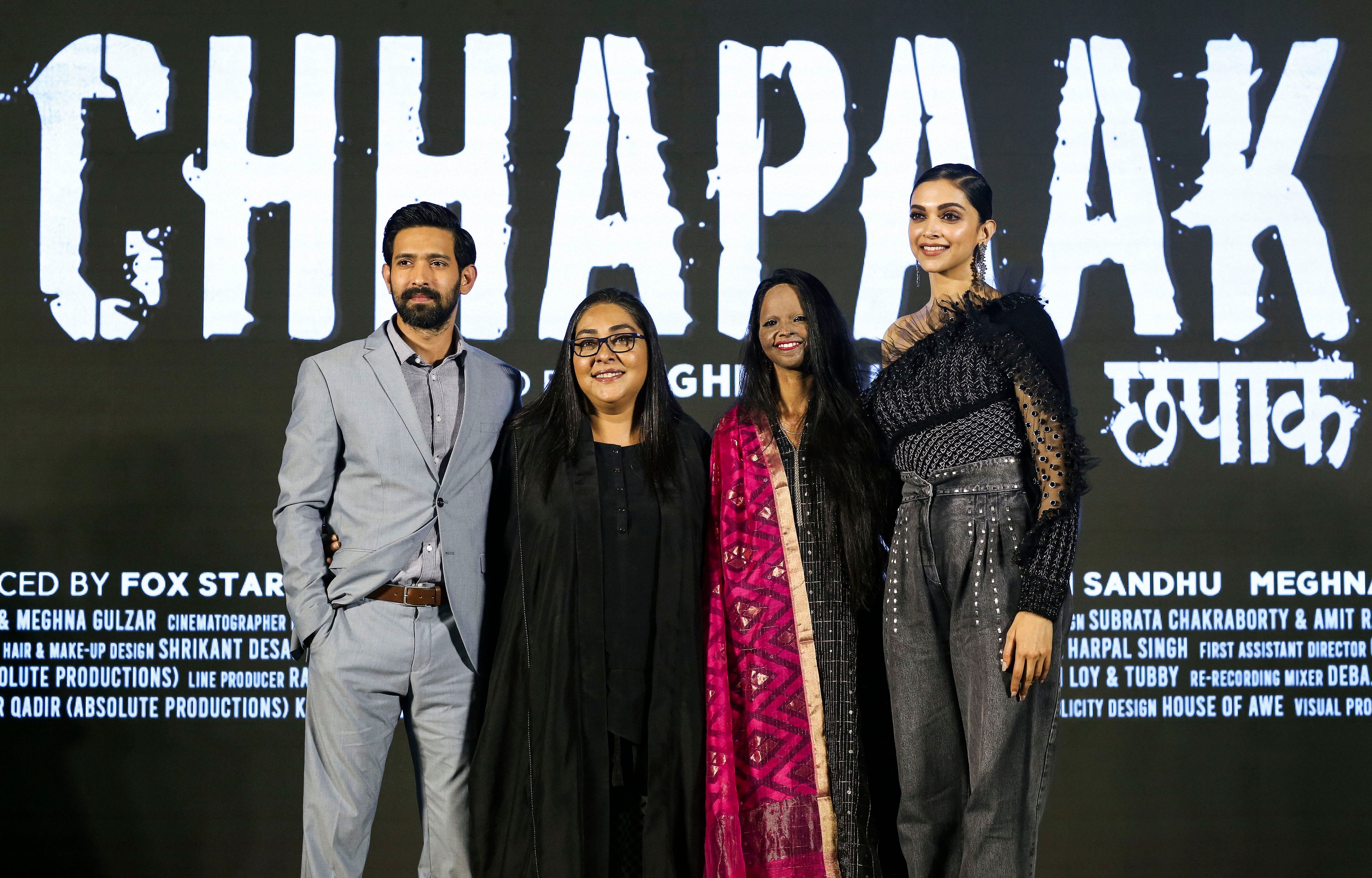 Director Meghna Gulzar, actor Vikram Massey, actress and producer Deepika Padukone and acid-attack survivor Laxmi Agarwal during the launch of title track of film ‘Chhapaak’, in Mumbai. (PTI Photo)