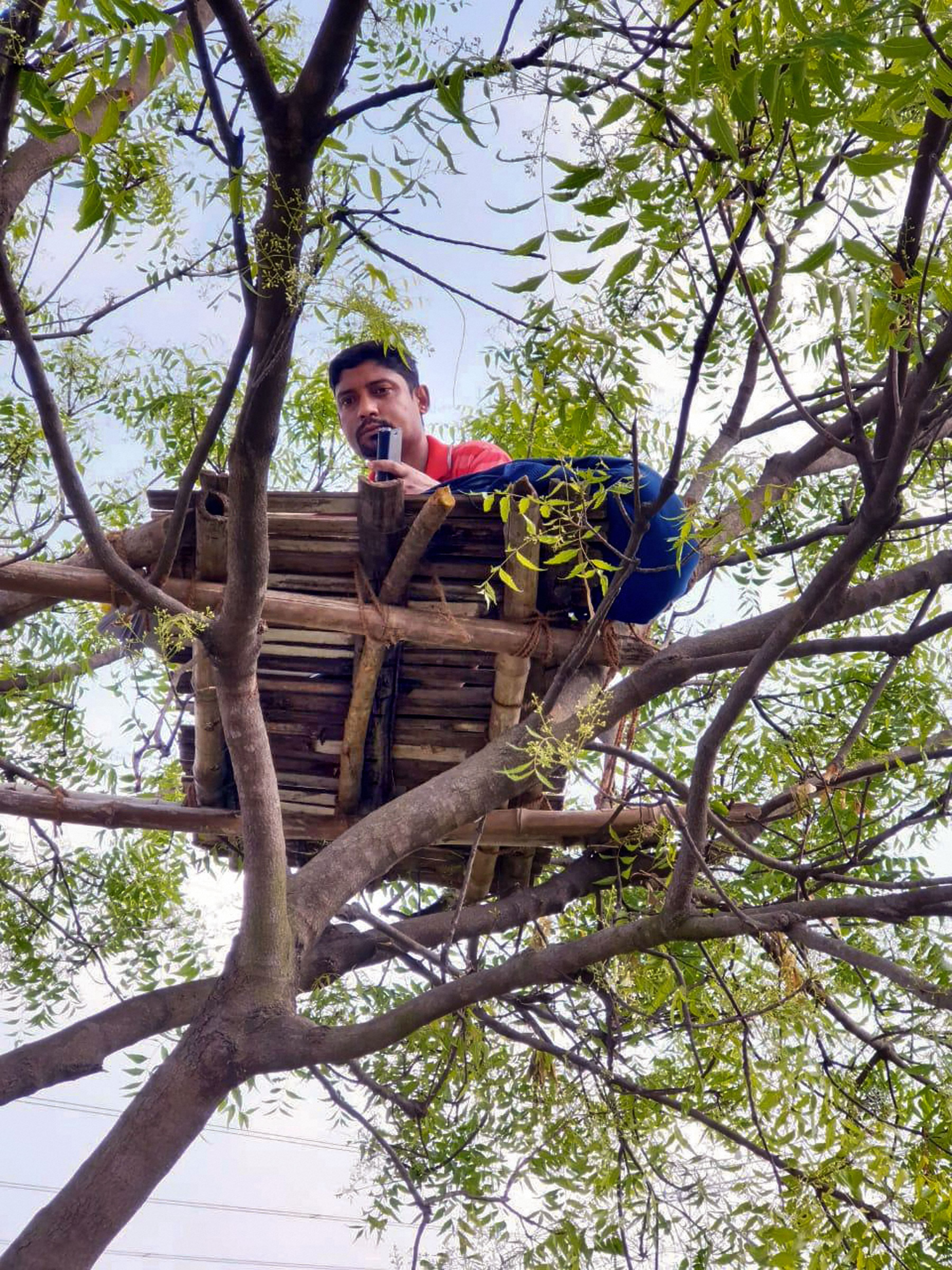 History teacher Subrata Pati takes online class for his students from a nest perched on a neem tree, in a village of Bankura district of West Bengal. (Credit: PTI)