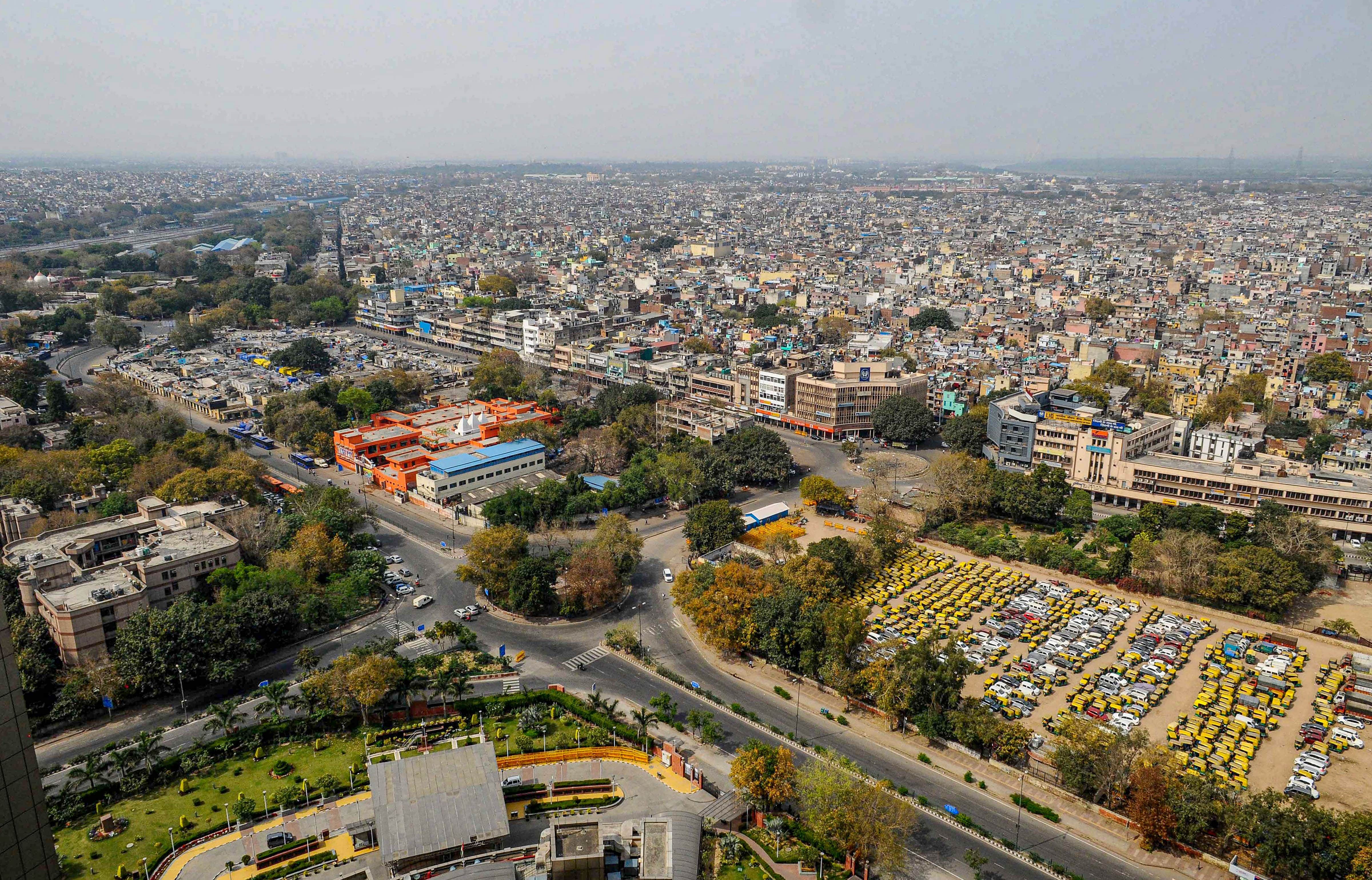 A top view of  the deserted roads near Ramlila Maidan on the second day of the complete lockdown in the national capital to contain the spread of nover coronavirus disease (Covid-19), in New Delhi, March 24, 2020. (Credit: PTI Photo)