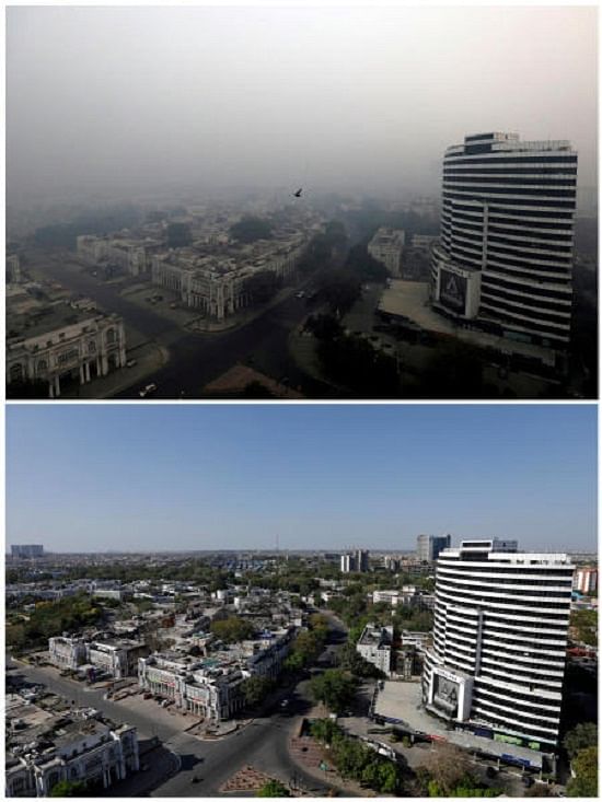 A combo shows buildings on November 8, 2018 and after air pollution level started to drop during a 21-day nationwide lockdown to slow the spreading of coronavirus disease (COVID-19), in New Delhi, India, April 8, 2020. (Credit: Reuters/Anushree Fadnavis/Adnan Abidi/File Photo)