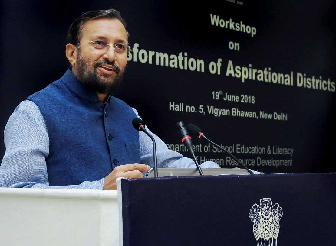 Union HRD Minister Prakash Javadekar addresses the District Education Officers, DIETs, SCERTs, State Nodal Officers and Central Ministries, at a workshop on 'Transformation of Aspirational Districts', in New Delhi on Tuesday, June 19, 2018. (PTI Photo)