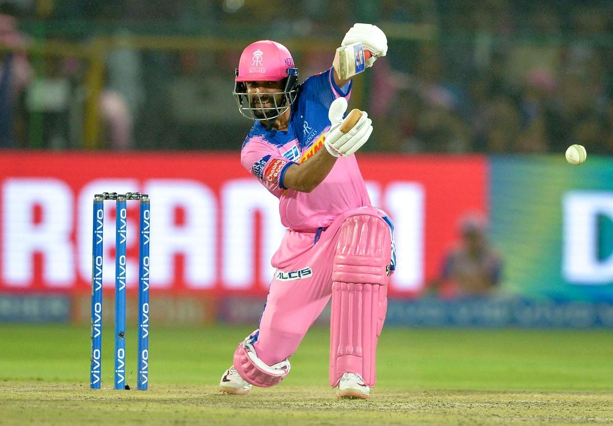Rajasthan Royals batsman Ajinkya Rahane plays a shot during a 2019 IPL match. Credit: AFP