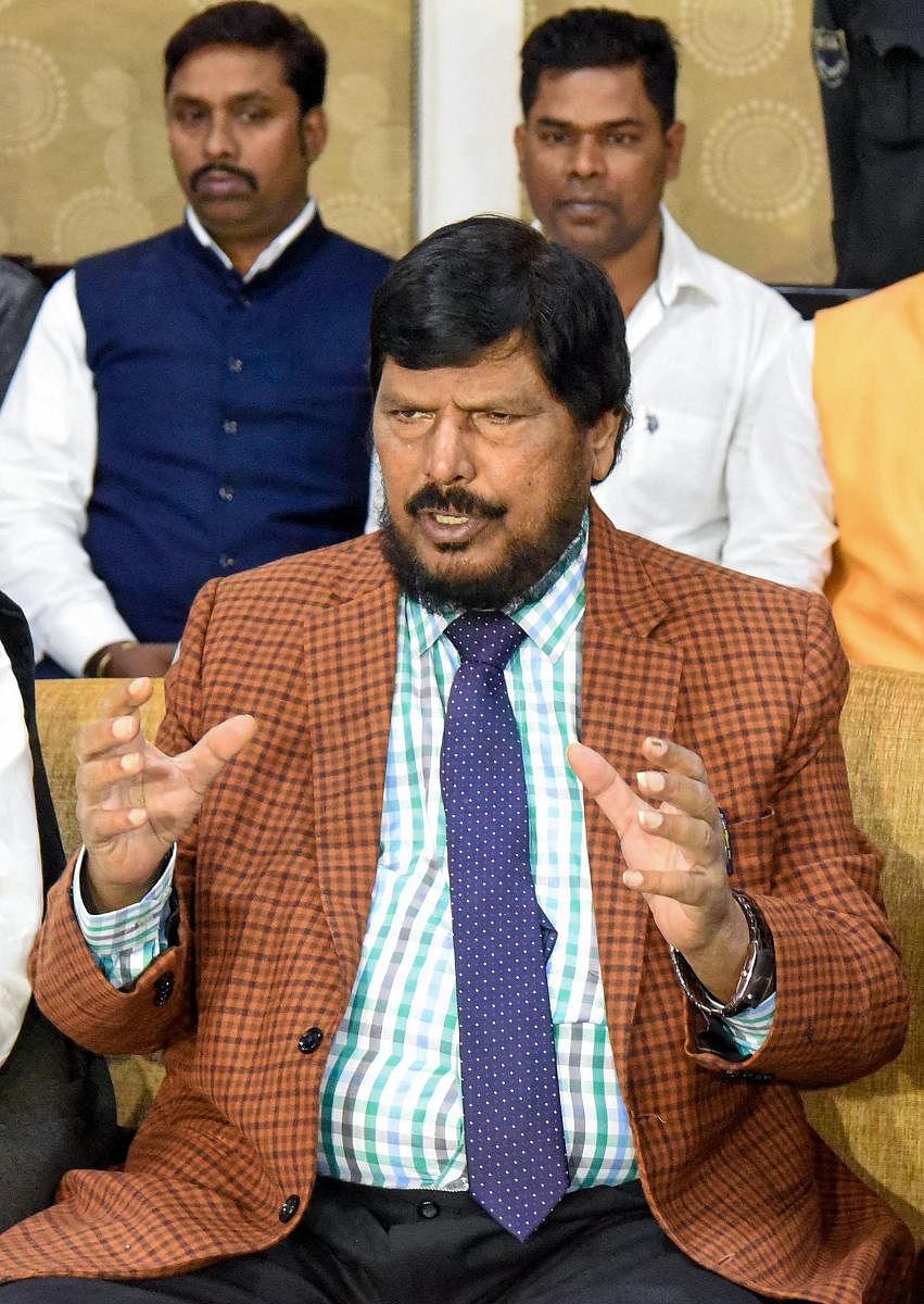 Republican Party of India (A) chief Ramdas Athawale addresses a press conference, in Patna, Saturday, Nov. 23, 2019. (PTI Photo) 