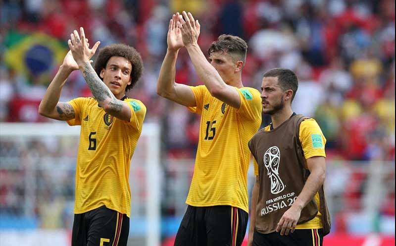 Belgium's Axel Witsel, Thomas Meunier and Eden Hazard after the match. Spartak Stadium, Moscow, Russia - June 23, 2018. Reuters. 