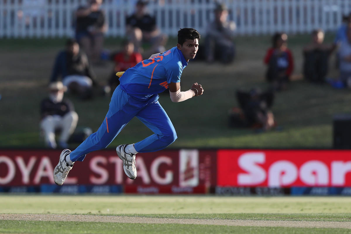 Navdeep Saini bowls during the third One Day International cricket match between New Zealand and India at the Bay Oval. (AFP Photo)