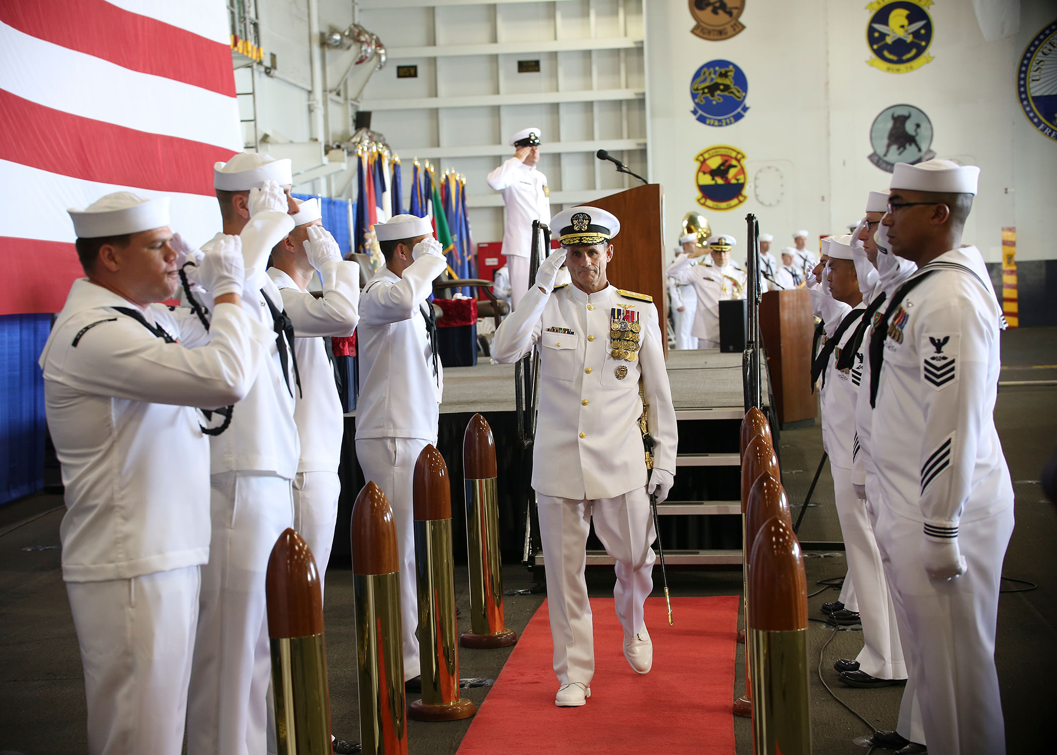 US Vice Adm Andrew "Woody" Lewis takes part in ceremonial opening of the US Navy 2nd Fleet aboard the nuclear aircraft carrier USS George H W Bush (CVN 77) on August 24, 2018. US Navy