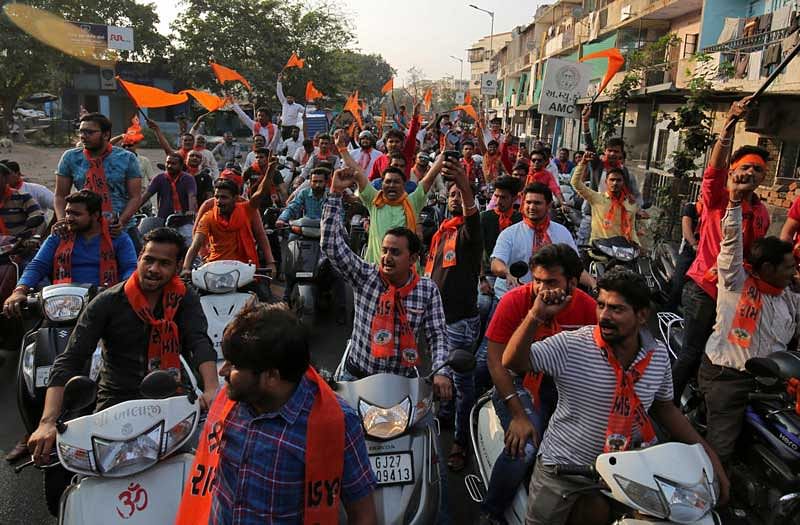 Supporters of the Vishva Hindu Parishad (VHP), shout slogans during a rally demanding the construction of the Ram temple in Ayodhya. (Reuters Photo)