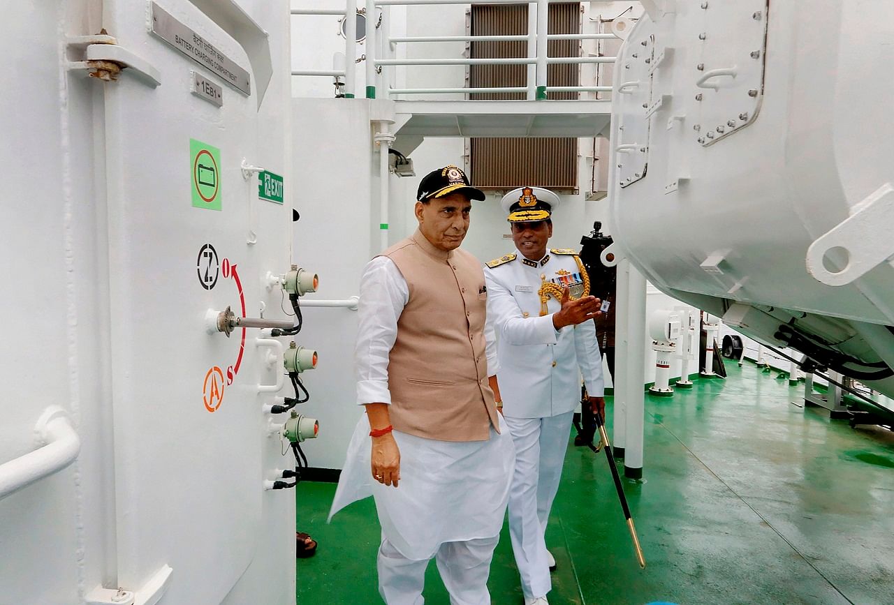 Defence Minister Rajnath Singh at the commissioning ceremony of Indian Coast Guard Ship (ICGS) Varaha, in Chennai (PTI Photo)