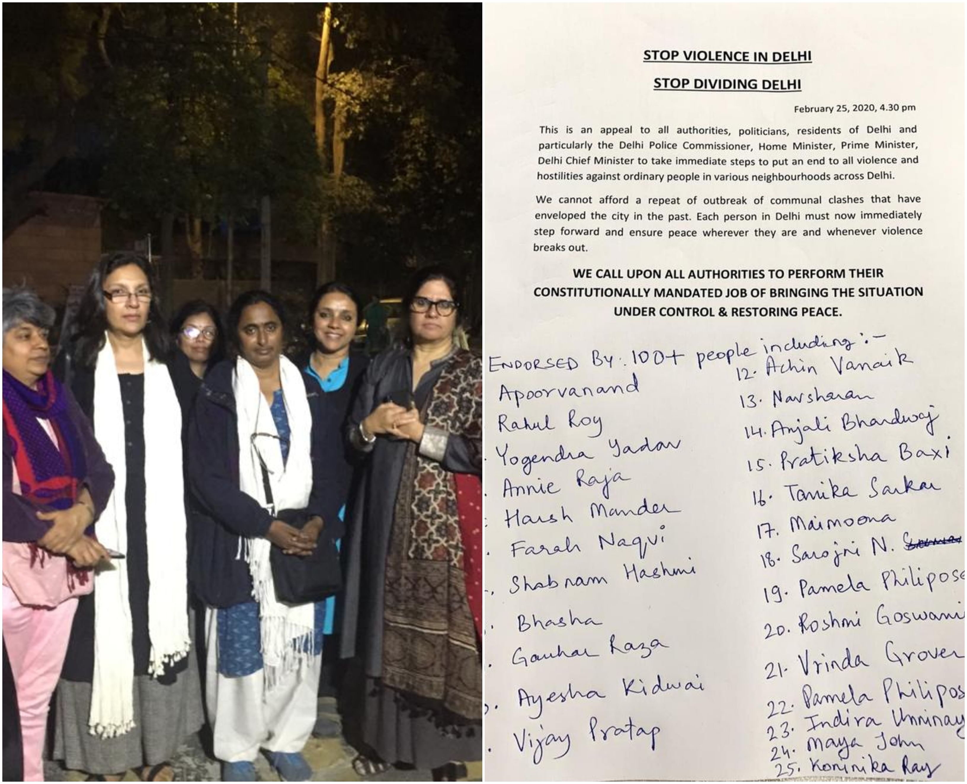 Over 100 activists, including Harsh Mander, Apoorvananad, Annie Raja, Yogendra Yadav, Shabnam Hashmi, and senior advocate Vrinda Grover came out with a statement in which they called upon "all authorities to perform their constitutionally mandated job of bringing the situation under control and restoring peace". Credit: Twitter (@kavita_krishnan)