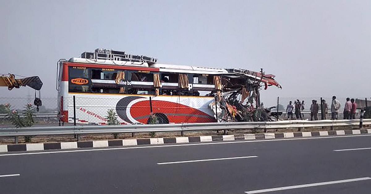  the accident site where a bus rammed into a truck on the Agra-Lucknow expressway (PTI Photo)