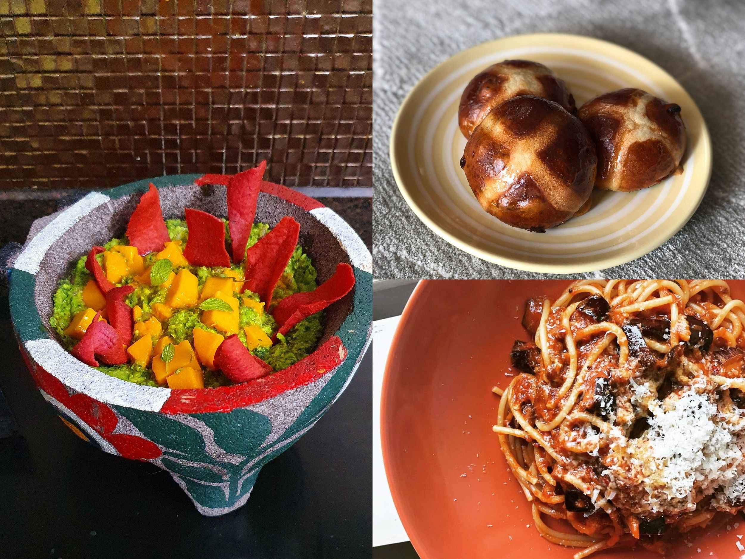 Green peas and mango guacamole prepared by Vikas Seth. (Top right) Hot cross buns by Vinesh Johny and (below) Arrabbiata pasta with aubergine by Devika Manjreka.