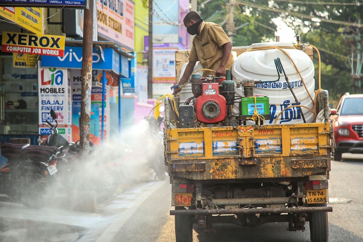 A worker sprays disinfectant in the wake of deadly coronavirus in Tamil Nadu. PTI