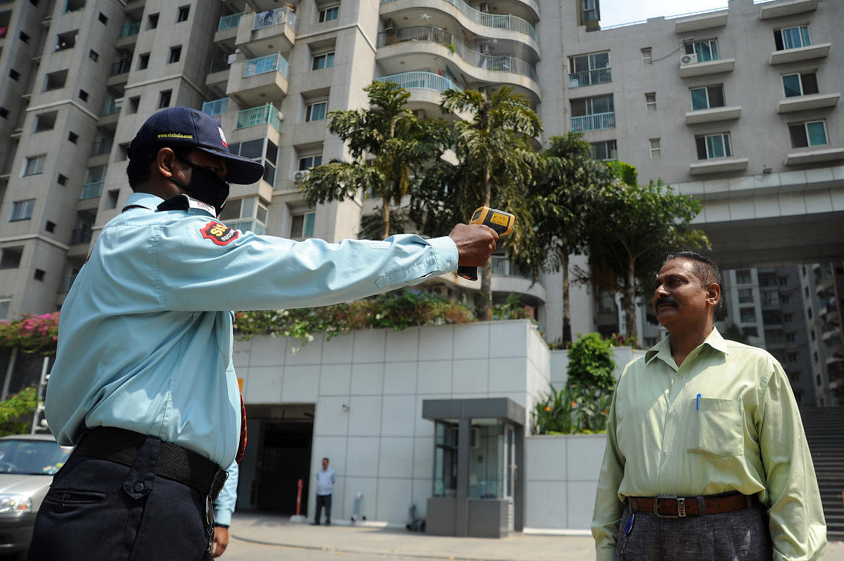 Brigade Gateway apartment complexes has taken measures to keep COVID-19 at bay in Bengaluru. With awareness posters in the elevators, body temperature checking to all visitors, hand sanitisers at the entrance of each complexes, the apartment has take several such measures. DH Photo/ Pushkar V