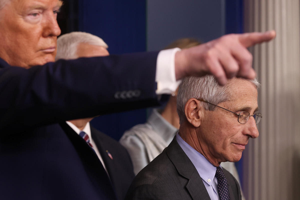 Donald Trump takes questions with National Institute of Allergy and Infectious Diseases Director Anthony Fauci at the coronavirus response daily briefing at the White House. Reuters
