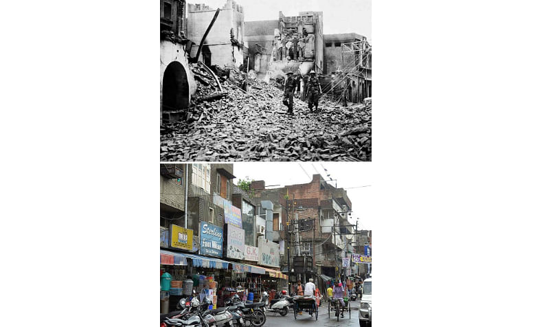 (top) a photo taken on August 1947 shows Indian soldiers walking through the debris of a building in the Chowk Bijli Wala area of Amristar during unrest following the Partition of India and Pakistan, and (bottom) the same scene in Amritsar on June 29, 2017. (AFP File Photo)