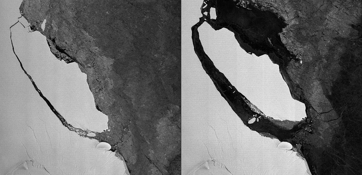(COMBO) This combination of pictures created on September 27, 2017 shows a sattelite photo acquired by the radar TerraSAR-X satellite on August 1, 2017 and handout by Airbus Defence and Space's on September 27, 2017 showing the giant iceberg A68 detaching