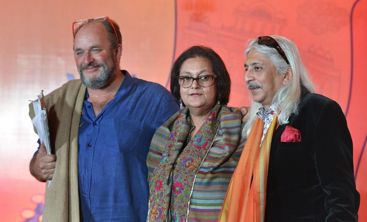 Namita Gokhale, William Dalrymple, Sanjoy K. Roy during preview of Jaipur Literature Festival 2018 in New Delhi on Tuesday. (PTI Photo)