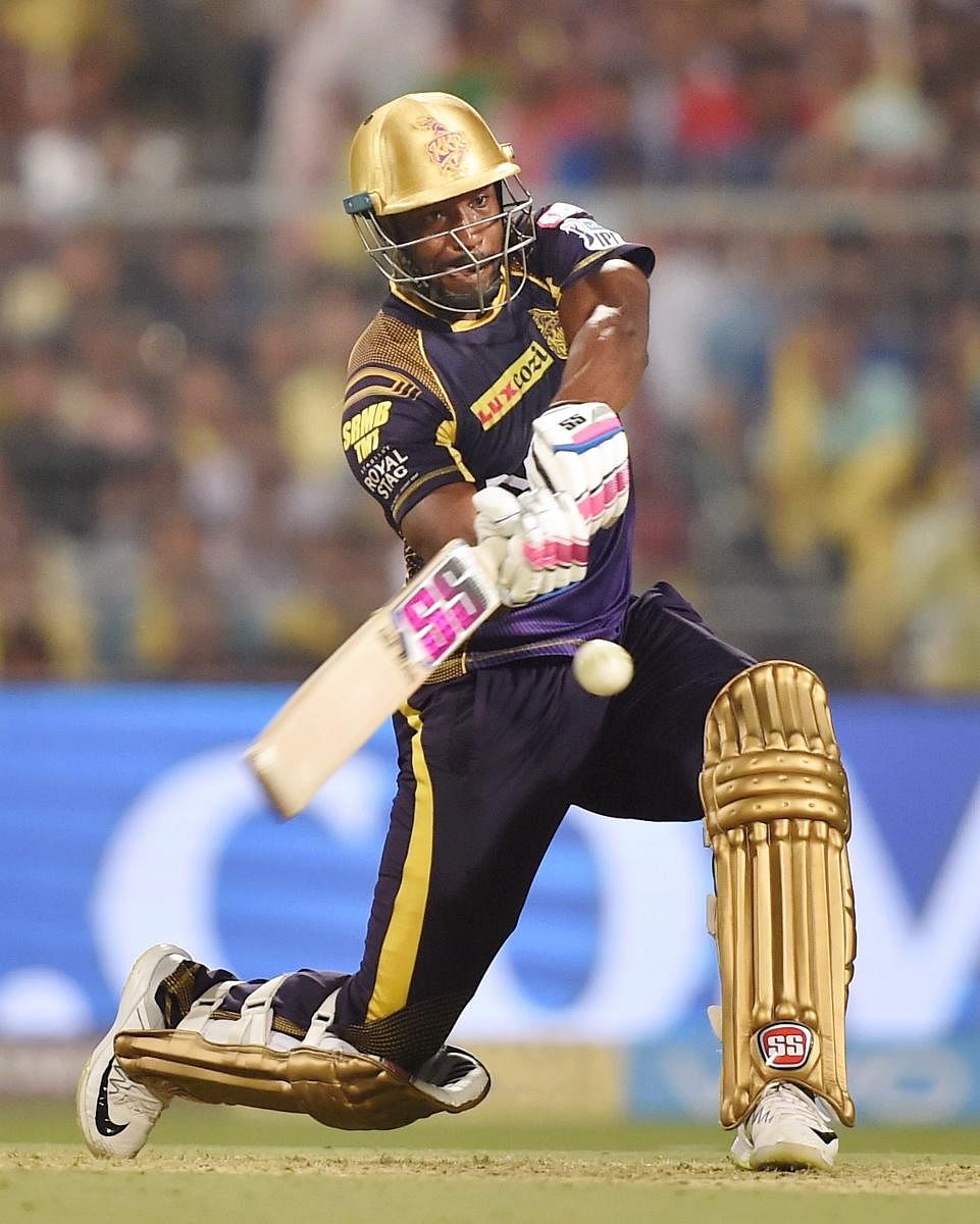Kolkata Knight Riders' all-rounder Andrew Russell in action during his quick-fire 41 off 12 balls during his side's clash against Delhi Daredevils on Monday. PTI