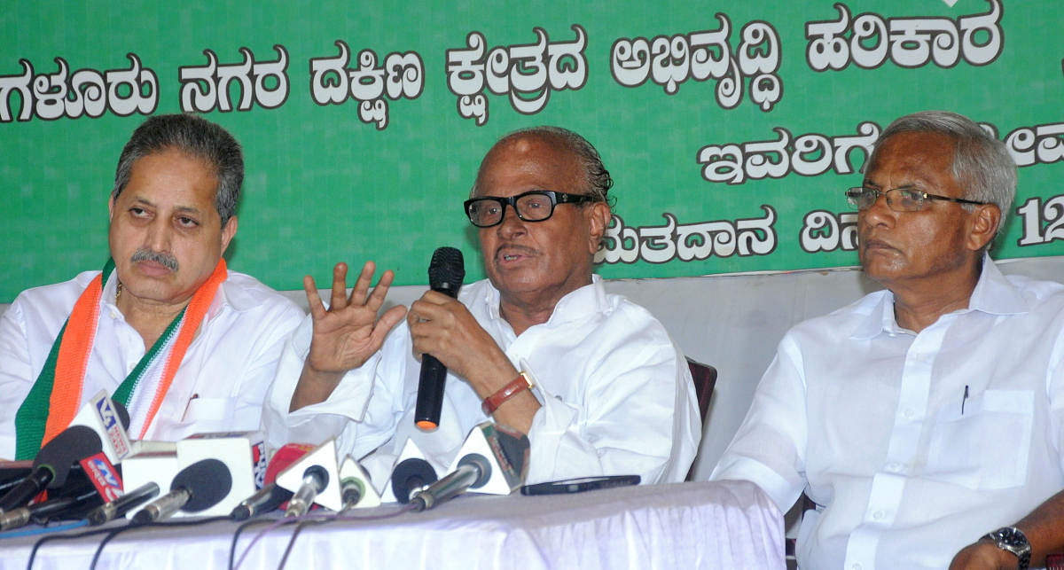 Former Union Minister and veteran Congress leader B Janardana Poojary speaks during a press conference at Mangaluru South Congress office in Mangaluru on Wednesday.
