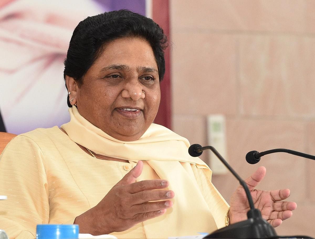 BSP supremo Mayawati addresses the party workers during the National Executive Meeting at party office in Lucknow on Saturday. (PTI photo)