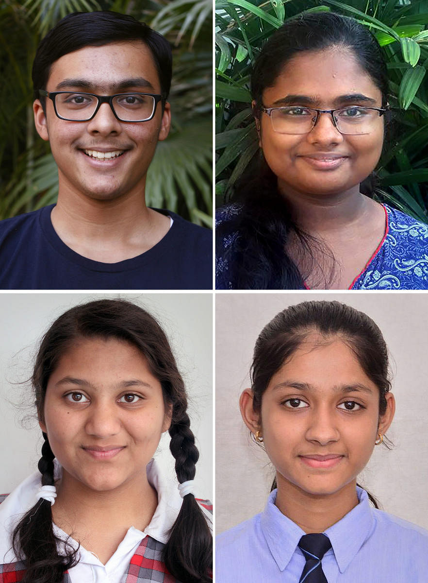 Clockwise from top: Prakhat Mittal, Sreelakshmi G., Nandini Garg and Rimzhim Aggarwal, who jointly secured the first spot in CBSE's class 10th examinations, as the results were declared by the CBSE on Tuesday. PTI