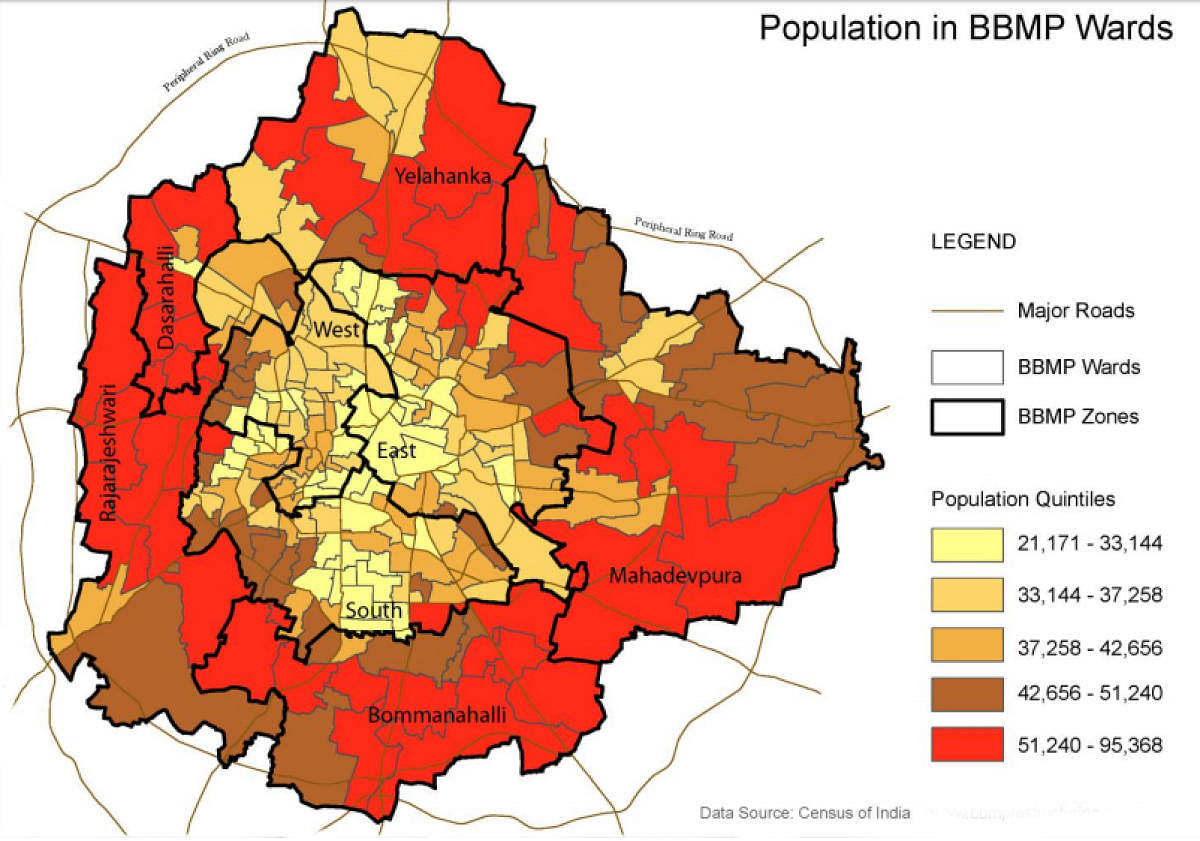 The population of BBMP wards as per the 2011 census. Inner city wards have grown far slower than outer wards in the past seven years. 