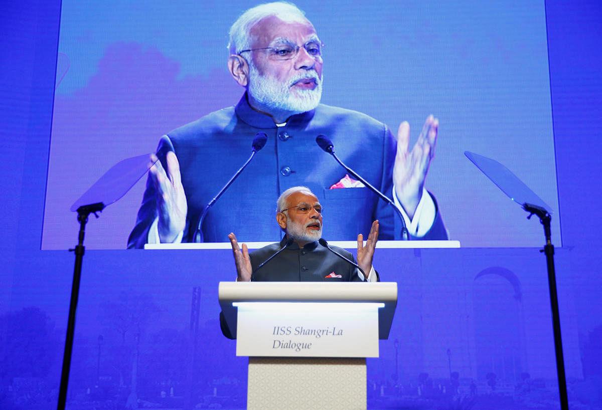India's Prime Minister Narendra Modi delivers the keynote address at the IISS Shangri-la Dialogue in Singapore. Reuters photo