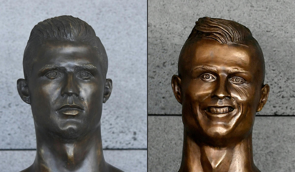 NEW AND OLD: The controversial bronze bust of Cristiano Ronaldo (right) at the Madeira airport was replaced. (AFP Photo)