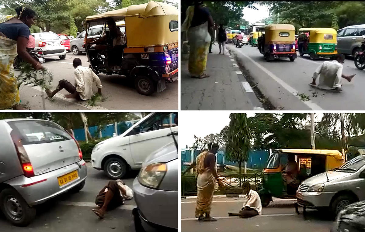 (Clockwise from top left) A transgender beats a beggar when a motorist gives him money; he tries to escape amid moving traffic on Cubbon Road; the transgender chases the beggar, who squats on the road, blocking traffic; the beggar collapses on the road after another beating from the transgender. DH Photos/Aishwarya Rakesh
