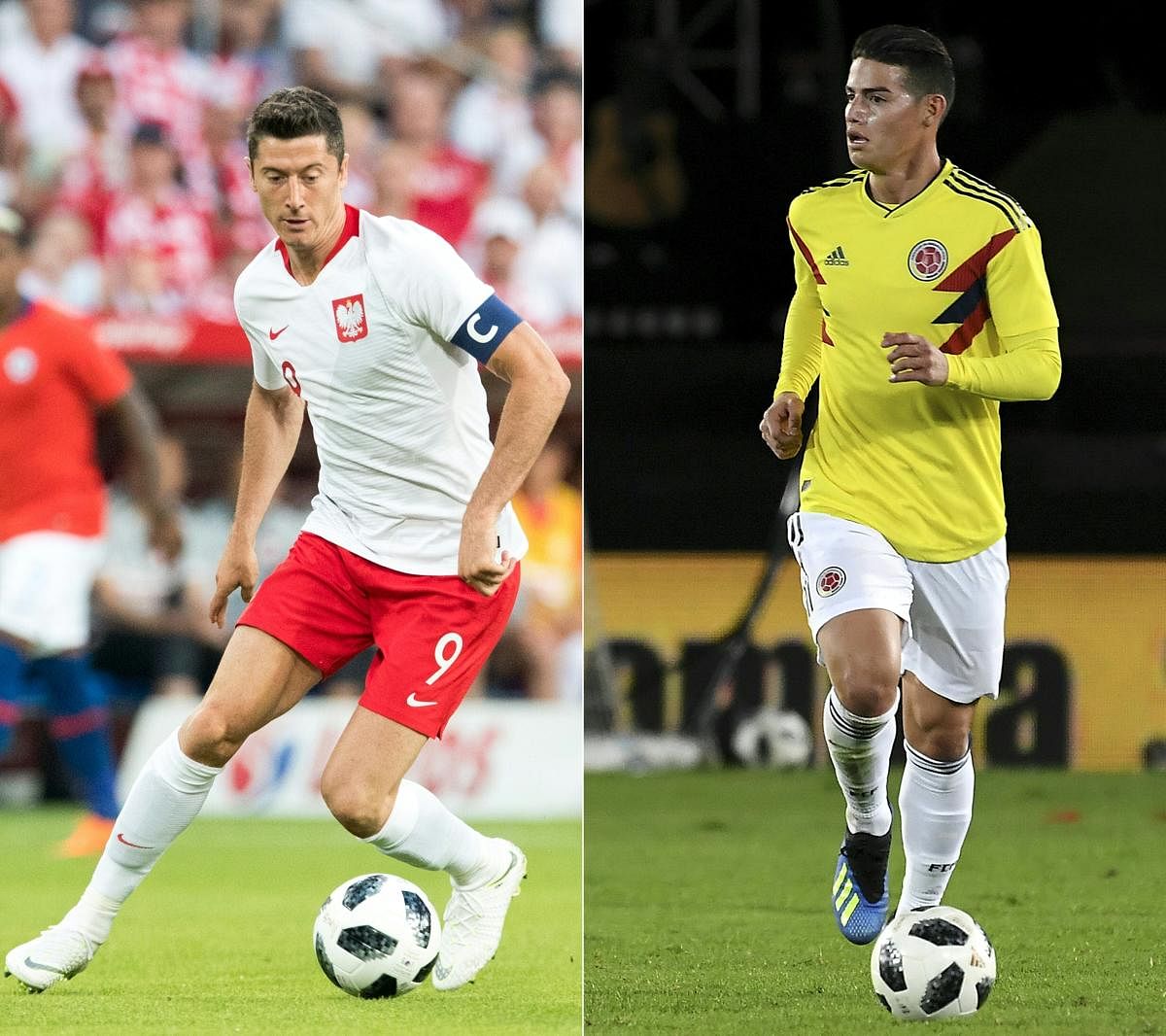 KEY MEN Poland's forward Robert Lewandowski (left) and Colombia's midfielder James Rodriguez will be under pressure to deliver during their Group H match on Sunday. AFP