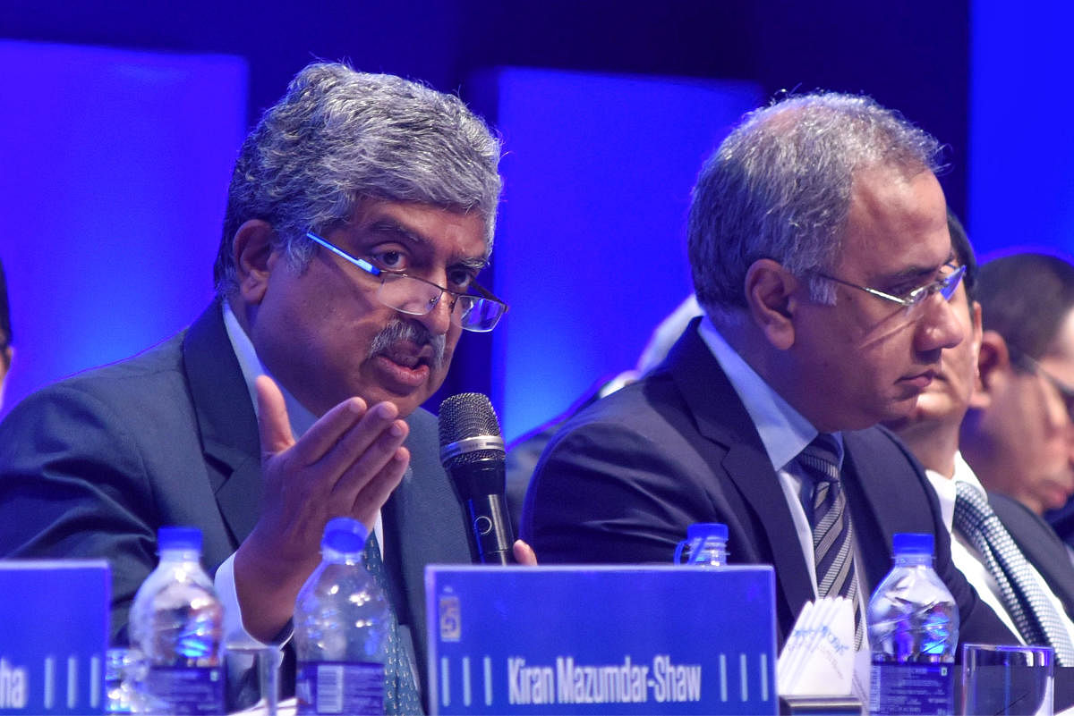 Mega meet: Infosys chairman Nandan Nilekani and CEO Salil Parekh at the company’s annual general meeting in Bengaluru on Saturday. DH Photo/S K Dinesh