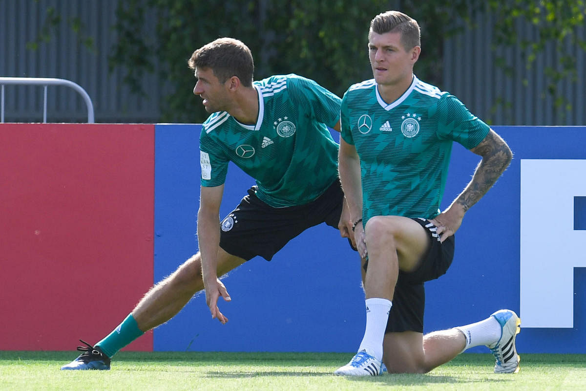 Germany's Toni Kroos (right) and Thomas Mueller at a training session ahead of their game against South Korea. AFP