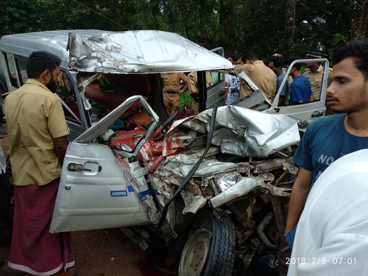 The mangled remains of the jeep at Uppala in the Kasargod district of Kerala on Monday. (DH Photo)
