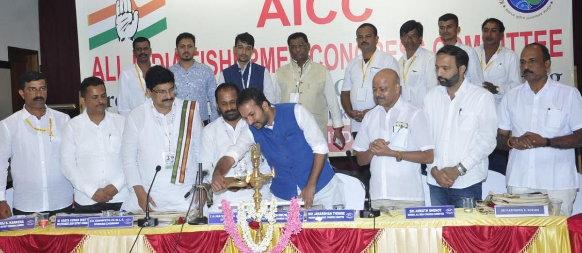 AICC secretary P C Vishnunath inaugurates a two-day All India Fishermen Congress National Executive Committee meeting in Udupi on Wednesday.