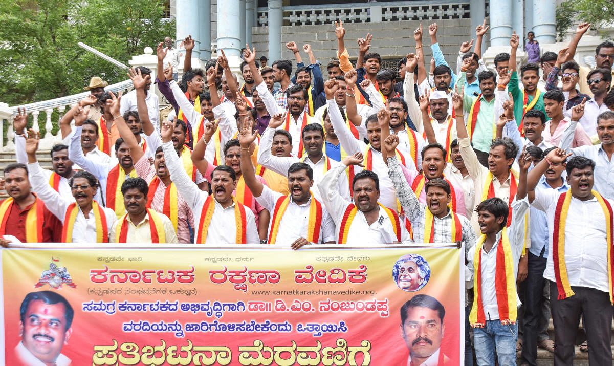 Members of Karnataka Rakshana Vedike stage a protest rally demanding overall development and against a separate state demand for North karnataka at Mini Vidhana Soudha in Kalaburagi. DH PHOTO/PRASHANTH H G