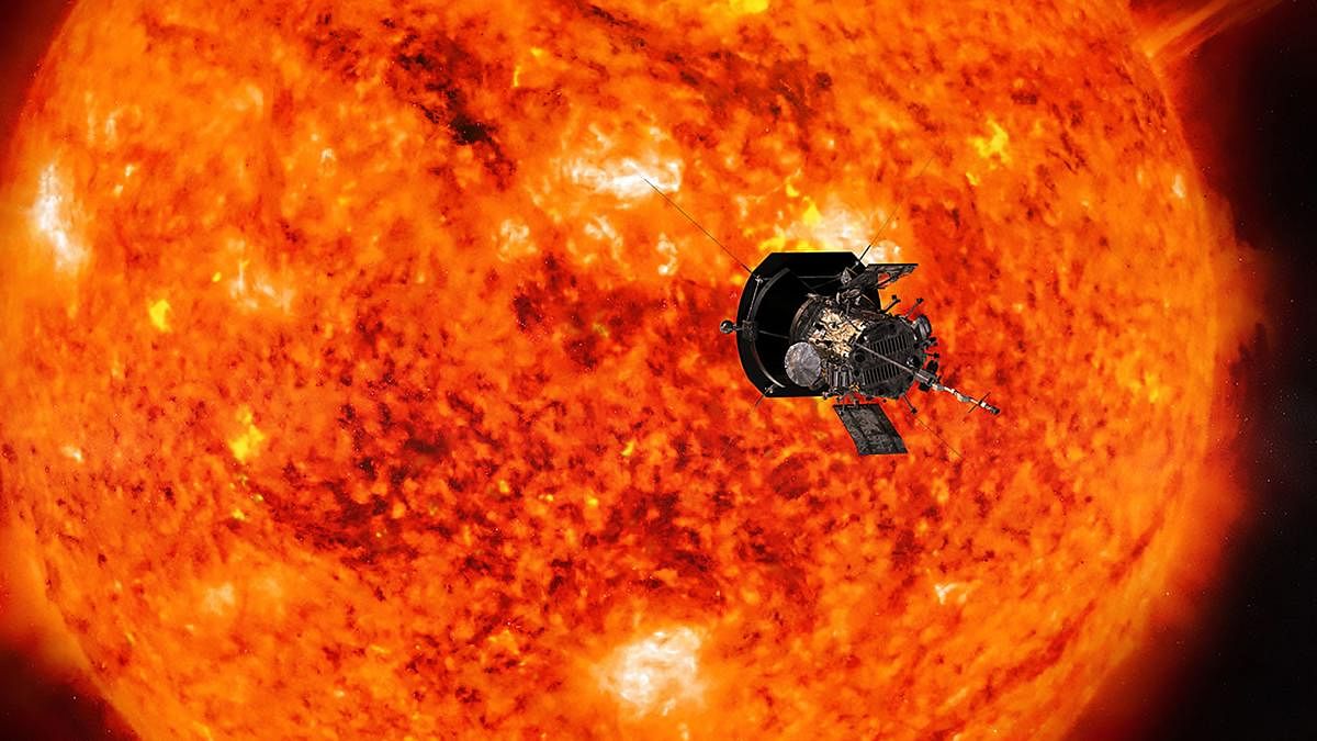 An artist’s conception of NASA’s Parker Solar Probe, the spacecraft that will fly through the Sun’s corona to trace how energy and heat move through the star’s atmosphere.  NASA/Johns Hopkins APL/AFP