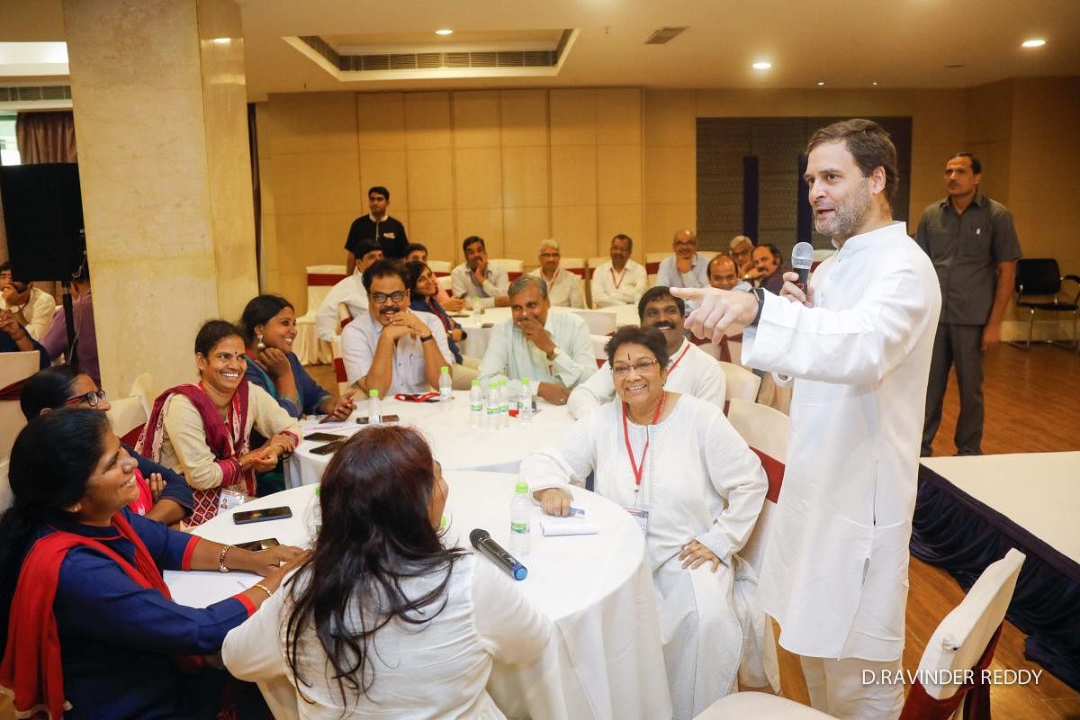 Congress president Rahul Gandhi interacts with editors and senior journalists in Hyderabad on Tuesday.