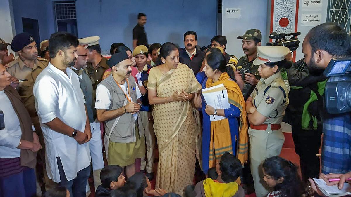 Defence Minister Nirmala Sitharaman visits the flood-affected areas to review situations, in Kodagu on Friday, Aug 24, 2018. (PTI Photos)